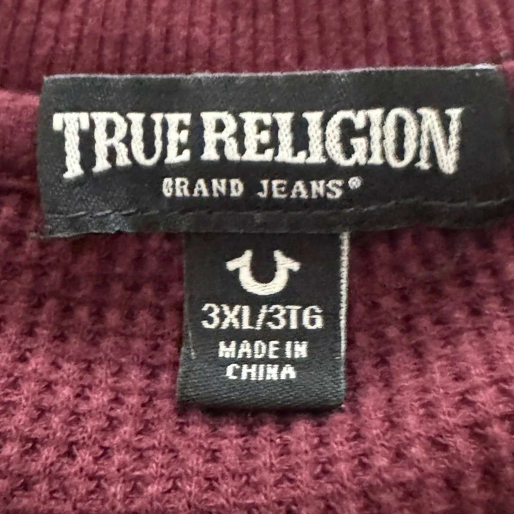 True Religion Henley Shirt Mens 3XL Burgundy Waffle Knit Long Sleeve Logo Top